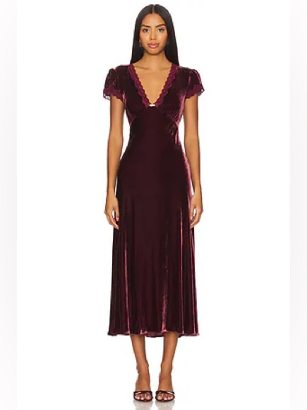 RIXO Clarice Velvet Dress Burgundy Midi Lace Trim V Neck Size 8